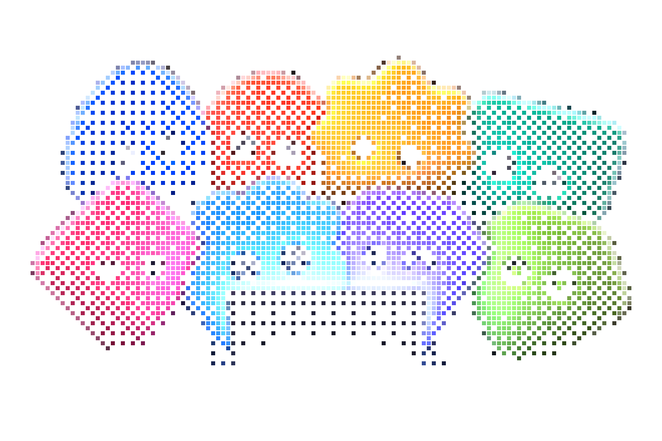 the multipeer crew, eight fuzzy mascots, huddled around one glowing laptop