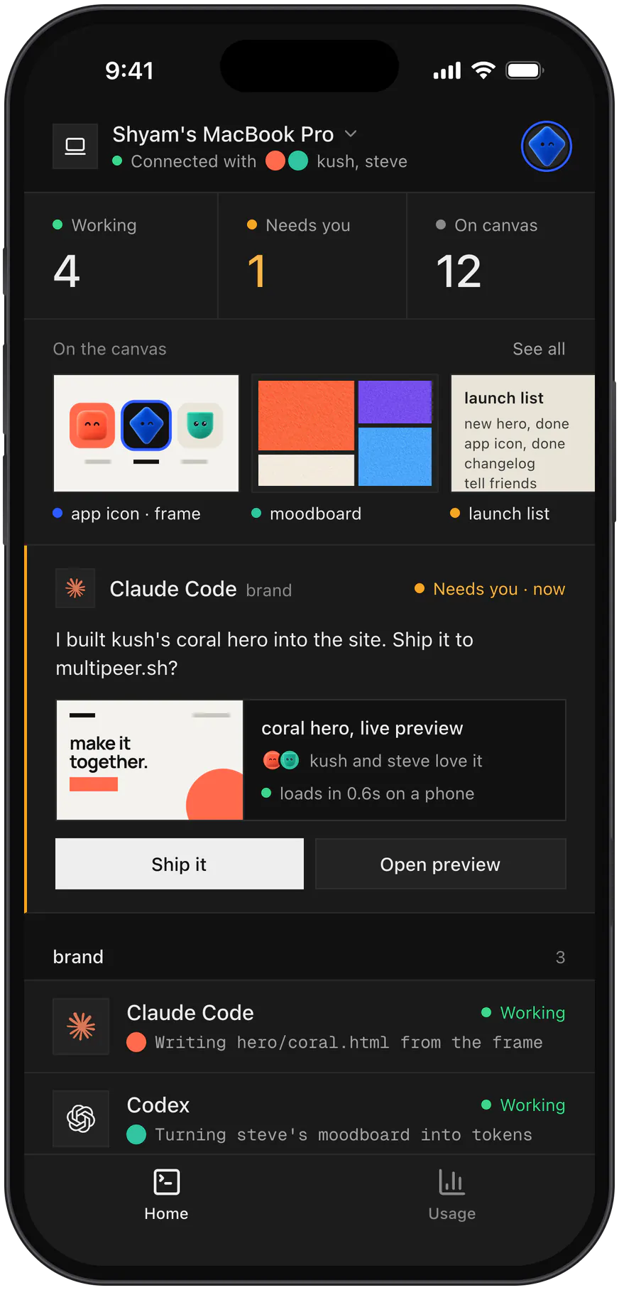 multipeer on an iPhone: shyam's home screen with four agents working, an app icon frame, a moodboard and a launch list on the canvas, and claude code asking to ship kush's coral hero, which kush and steve love